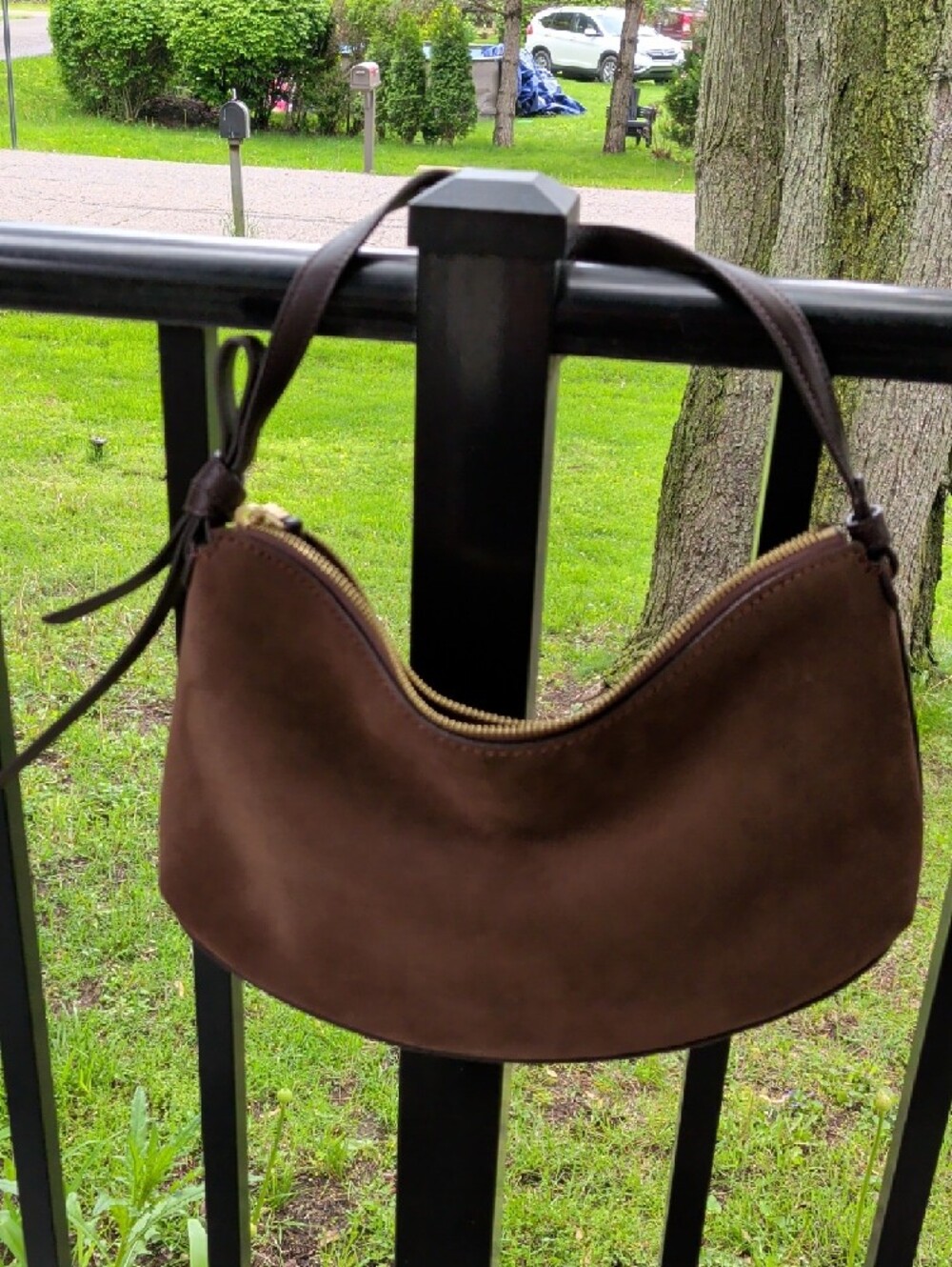 kate spade dark brown suede shoulder bag with gold zipper - Picture 2 of 11